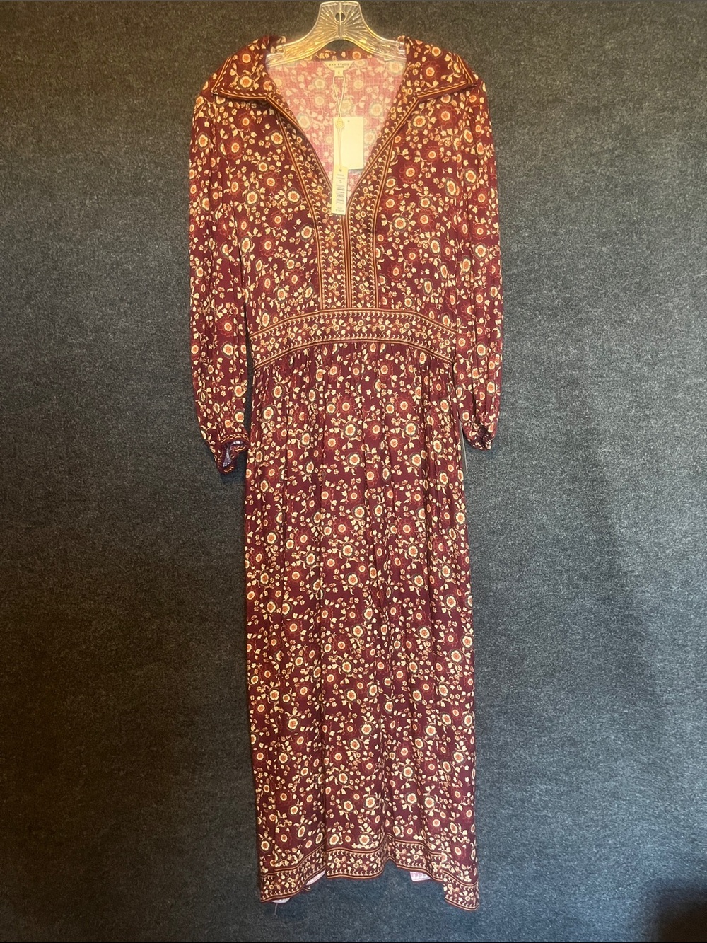 Max Studio Burgundy Floral Long-Sleeve Maxi Dress